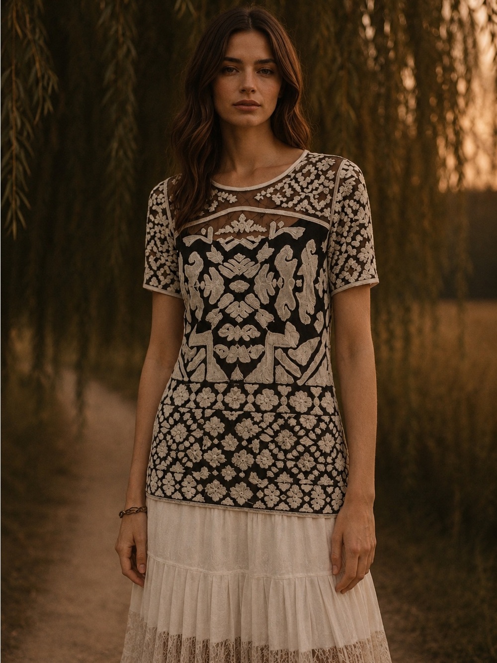 Anthropologie Everleigh Rococo Embroidered Sheer Cotton Mesh Blend Blouse